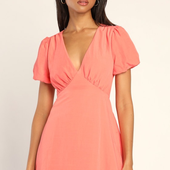 Lulus Sweet And Soulful Coral Puff Sleeve Tie Back Dress With Pockets Pink - Picture 1 of 1